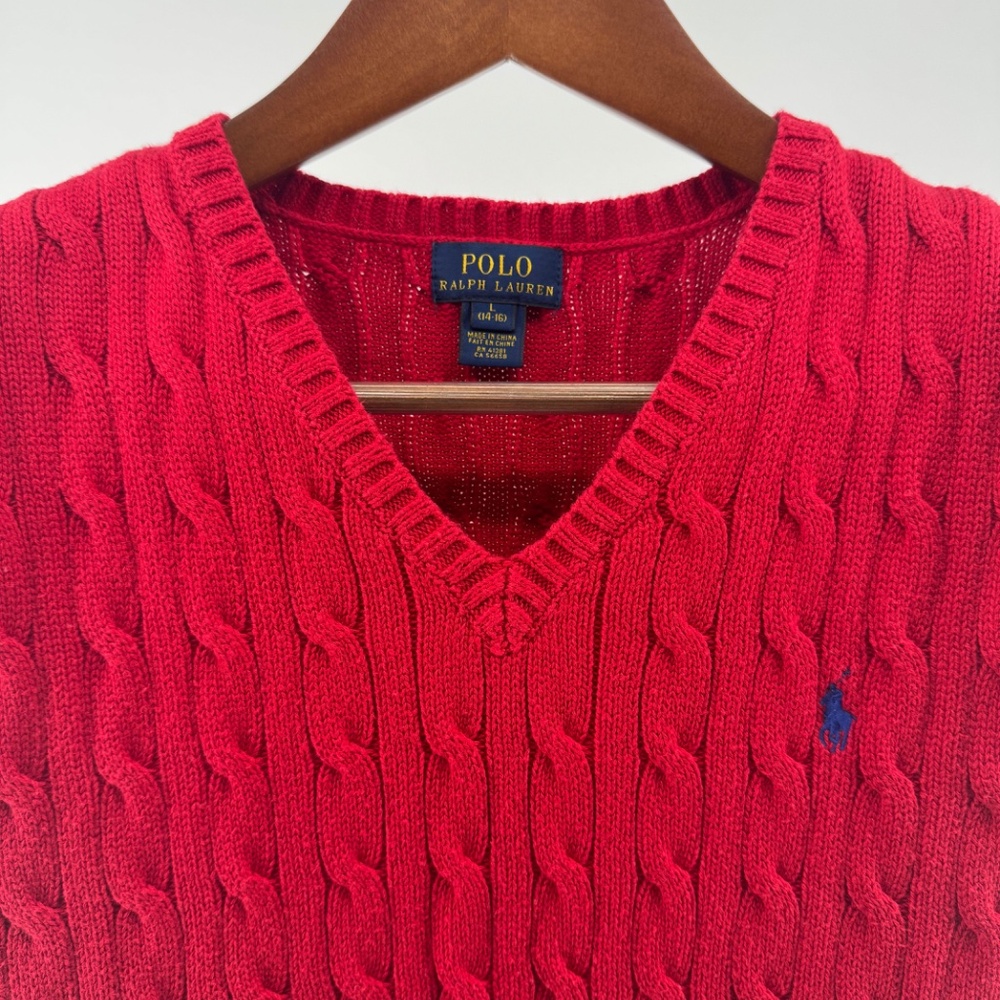 Polo Ralph Lauren Red Cable Knit Sweater Vest 100% Cotton V-Neck - Picture 6 of 7
